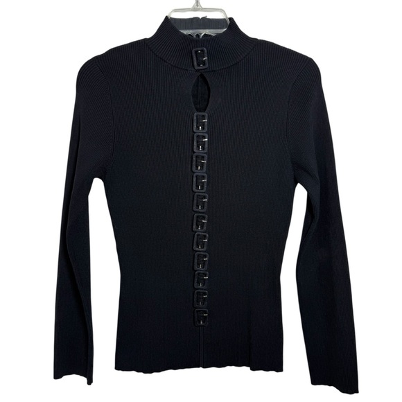 Vtg 90s Y2K Keyhole Buckle Top Sz Sm Long Sleeve Mock Neck Black Punk Emo Goth - Picture 1 of 5